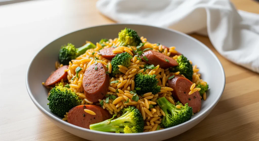 Close-up of Delicious Chicken Sausage and Broccoli Orzo in a white bowl, showcasing the vibrant green broccoli and browned sausage.