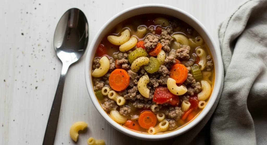 A bowl of hearty Homemade Ground Beef Pasta Soup with ground beef, pasta, and vegetables, garnished with fresh parsley.