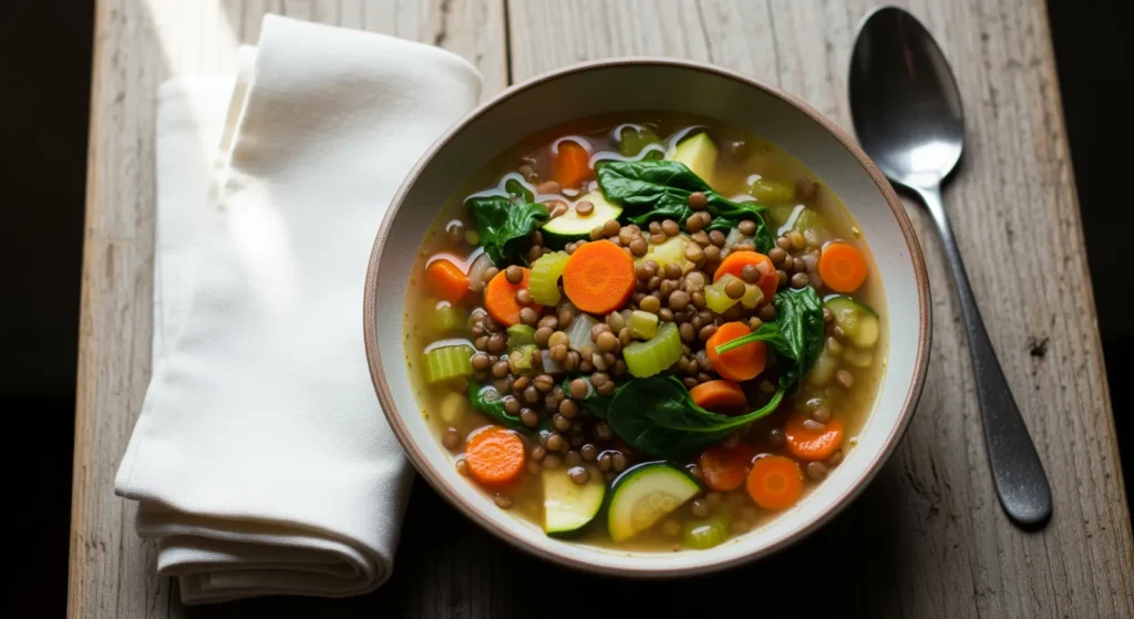 Close-up of a steaming bowl of Lentil & Vegetable Soup, showcasing the colorful vegetables and lentils.