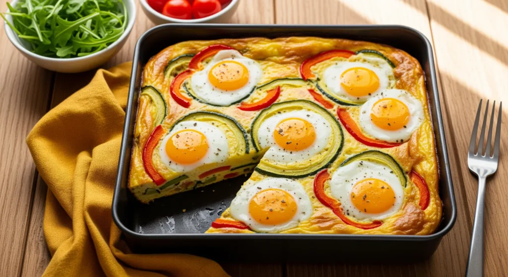 A close-up shot of a colorful Oven-Baked Veggie Frittata, showcasing the variety of vegetables inside.