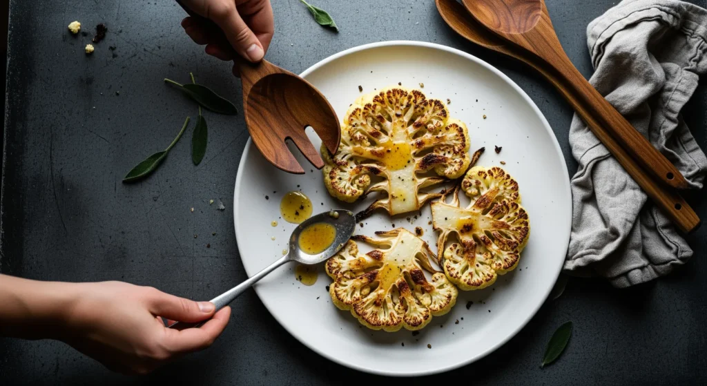 Close-up of golden brown Roasted Cauliflower Steaks seasoned with herbs and spices, ready to eat.