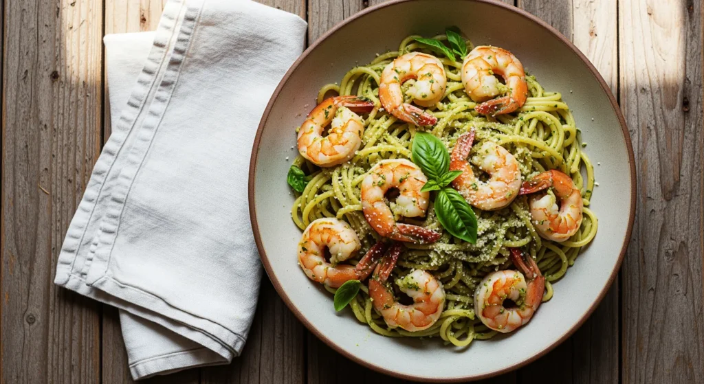 Close-up of vibrant Shrimp Pesto Pasta with juicy shrimp and bright green pesto sauce, garnished with parmesan cheese.