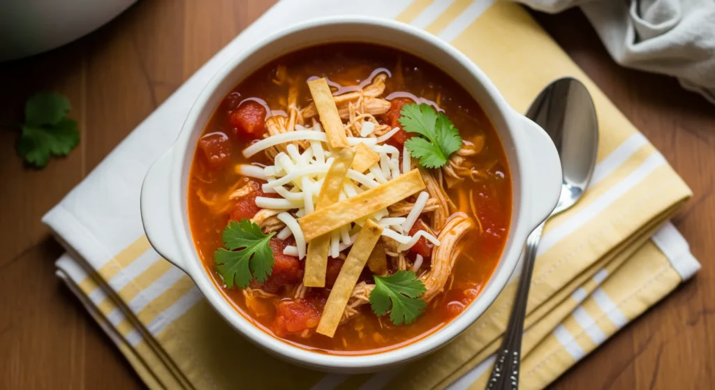 A vibrant bowl of Slow Cooker Chicken Tortilla Soup garnished with avocado, cilantro, and tortilla strips.
