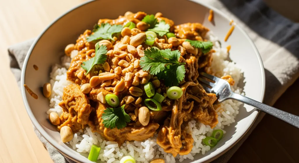 Close-up of Slow Cooker Peanut Chicken with garnished peanuts and cilantro, ready to serve.