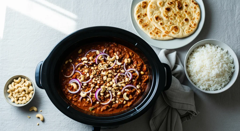 A vibrant and colorful bowl of Quick and Easy Slow Cooker Vegetable Curry, showcasing various vegetables and a rich, creamy sauce.