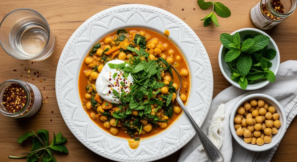 Close-up of a bowl of vibrant Turmeric Chickpea Stew with visible chickpeas, vegetables, and a rich, golden broth