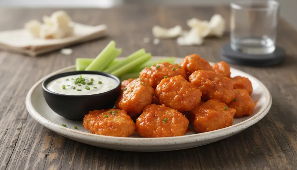 A golden-brown plate of crispy Keto Buffalo Chicken Nuggets served with a side of creamy ranch dressing and celery sticks.