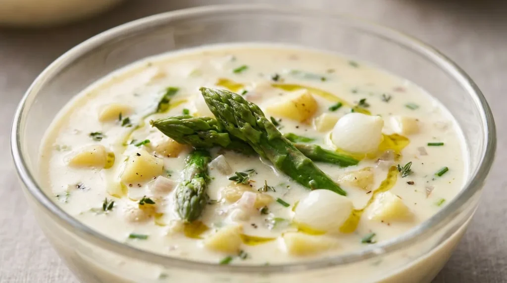 A steaming bowl of creamy asparagus chowder topped with fresh herbs and a drizzle of cream.