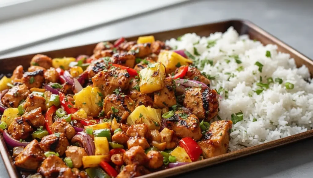 baked Hawaiian chicken with pineapple and roasted vegetables