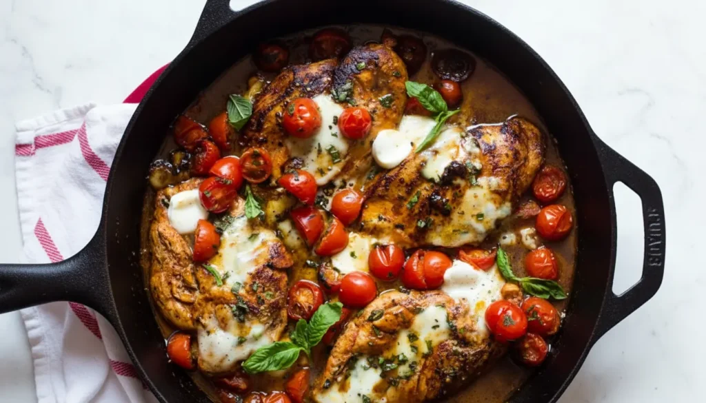 Skillet balsamic chicken with melted mozzarella and tomatoes