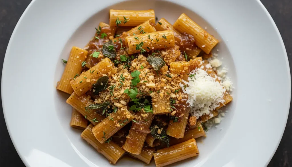 Bowl of simple caramelized onion pasta with golden onions and herbs