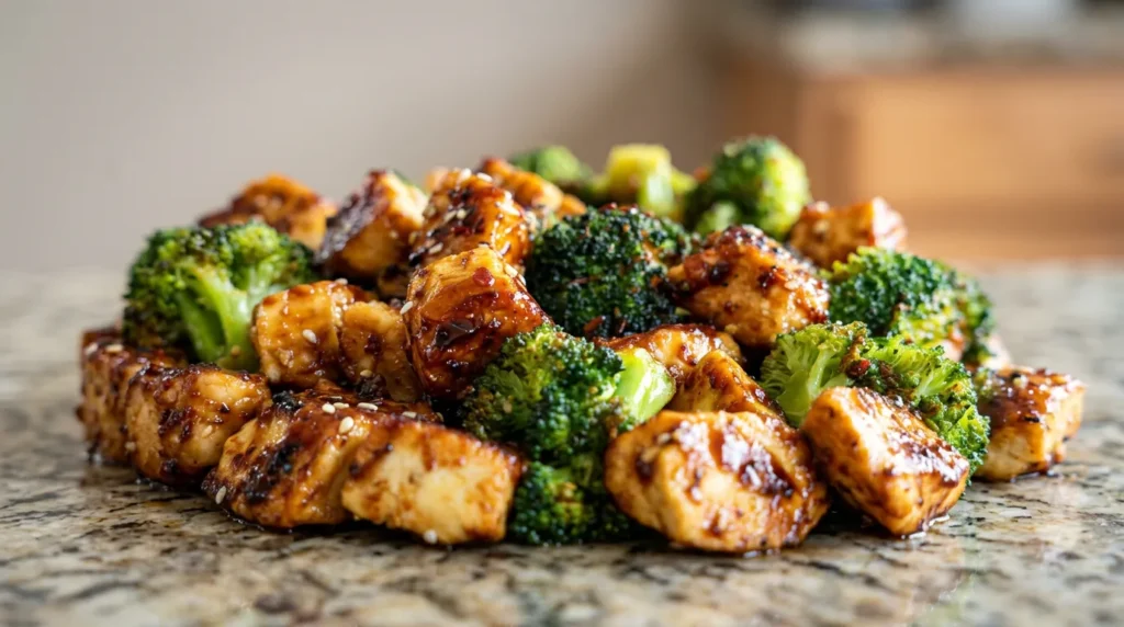 A steaming plate of savory Chicken and Broccoli stir-fry served over a bed of fluffy white rice.