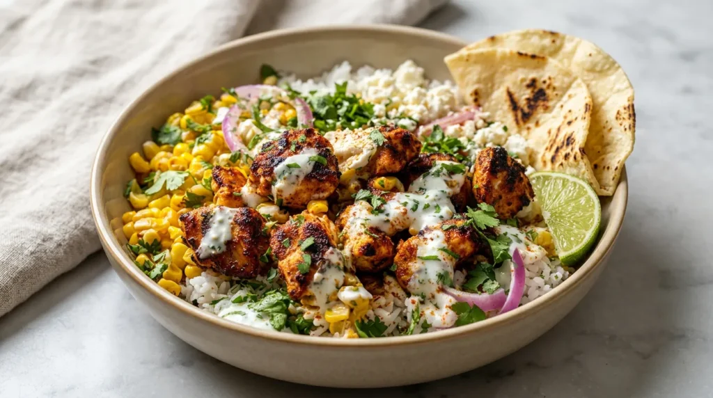 A vibrant Street Corn Chicken Bowl topped with grilled corn, cotija cheese, cilantro, and fresh lime wedges.
