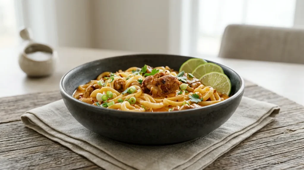 A steaming bowl of Coconut Red Curry Chicken Udon topped with fresh cilantro and lime wedges.