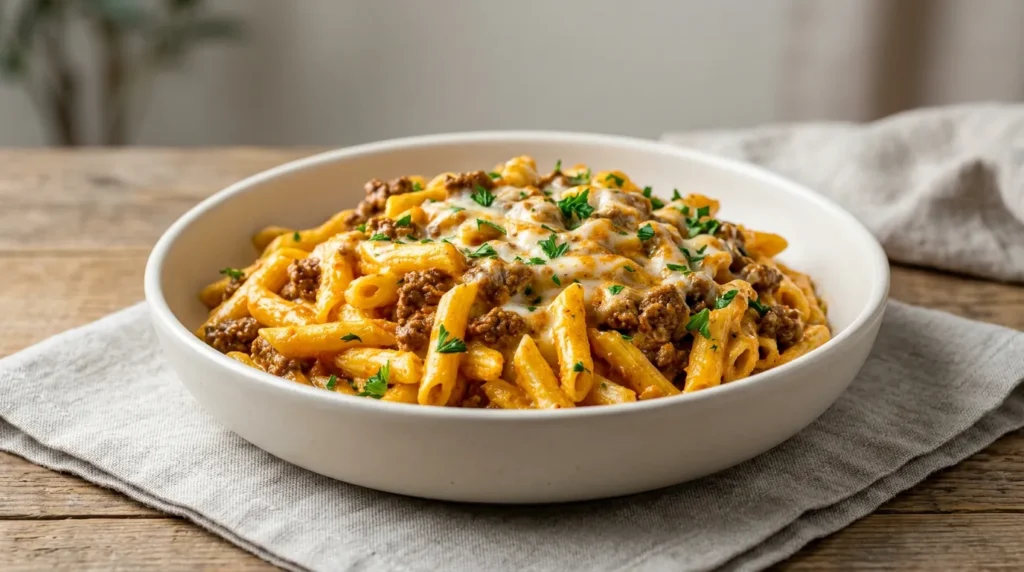 A steaming bowl of Creamy High Protein Beef Pasta garnished with fresh parsley and parmesan cheese.