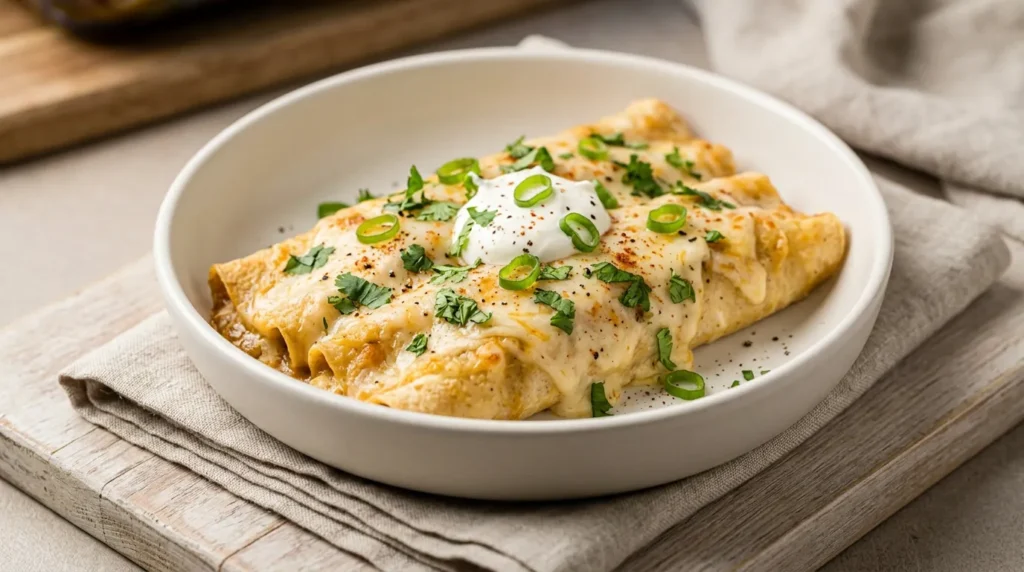 A bubbling dish of cheesy Low Carb Keto White Chicken Enchiladas garnished with fresh cilantro and green chilies.
