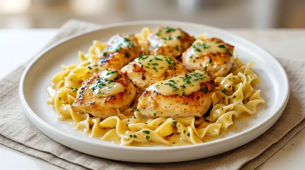 A steaming skillet of One-Pan Chicken with Buttered Noodles garnished with fresh parsley and black pepper.