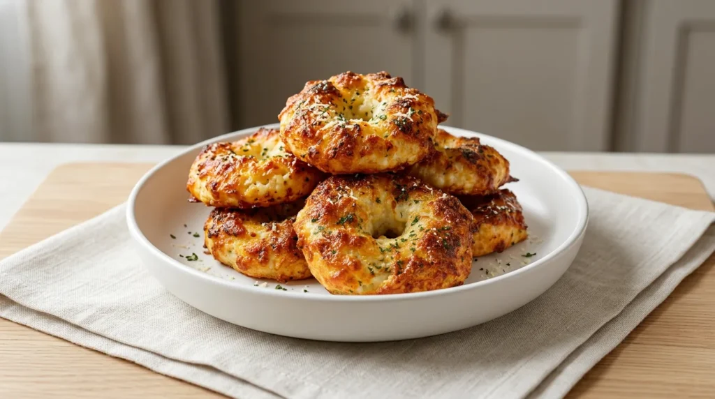 A stack of freshly baked Garlic-Parmesan Cottage Cheese Bagels topped with melted cheese and dried herbs.