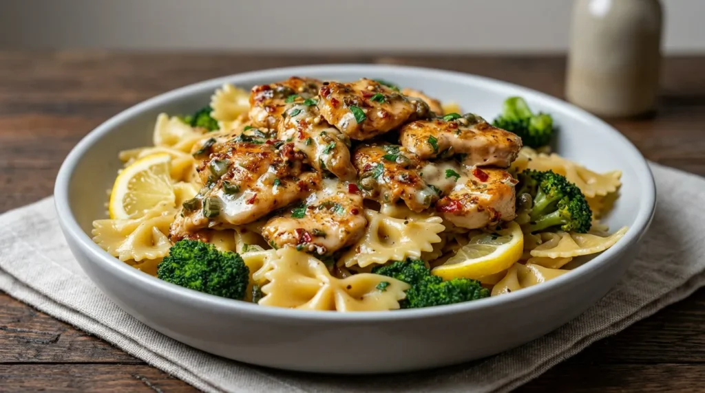 A plated serving of Cowboy Butter Lemon Bowtie Chicken with Broccoli garnished with fresh herbs and lemon slices.