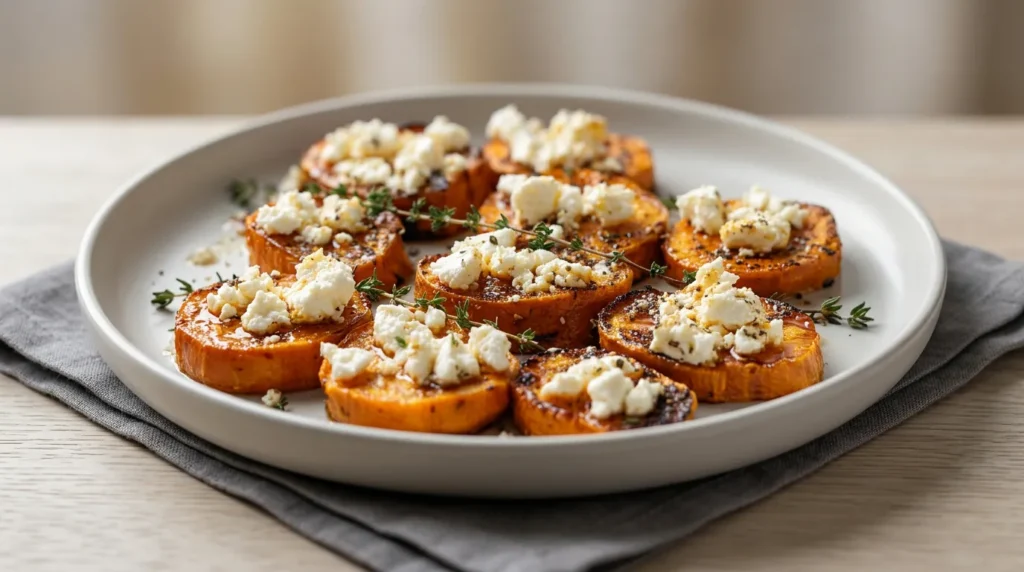A close-up platter of roasted Honey Feta Sweet Potato Rounds topped with crumbled cheese and fresh herbs.