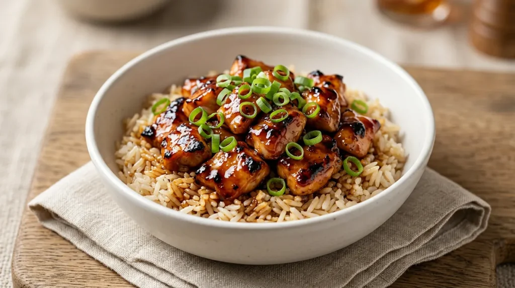 A delicious plate of glazed Honey BBQ Chicken Rice served with fresh steamed vegetables.