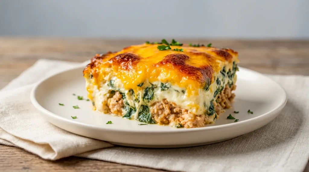 A bubbling, cheesy Ground Turkey Casserole garnished with fresh parsley in a white ceramic baking dish.