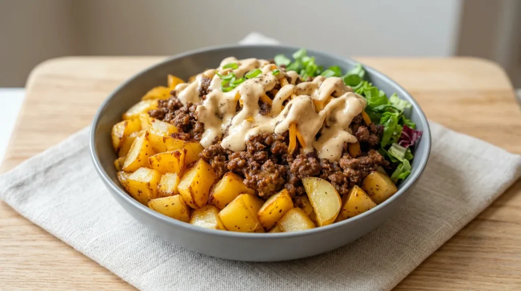 A delicious and colorful Smash Burger Bowl topped with melted cheese, pickles, and signature sauce.