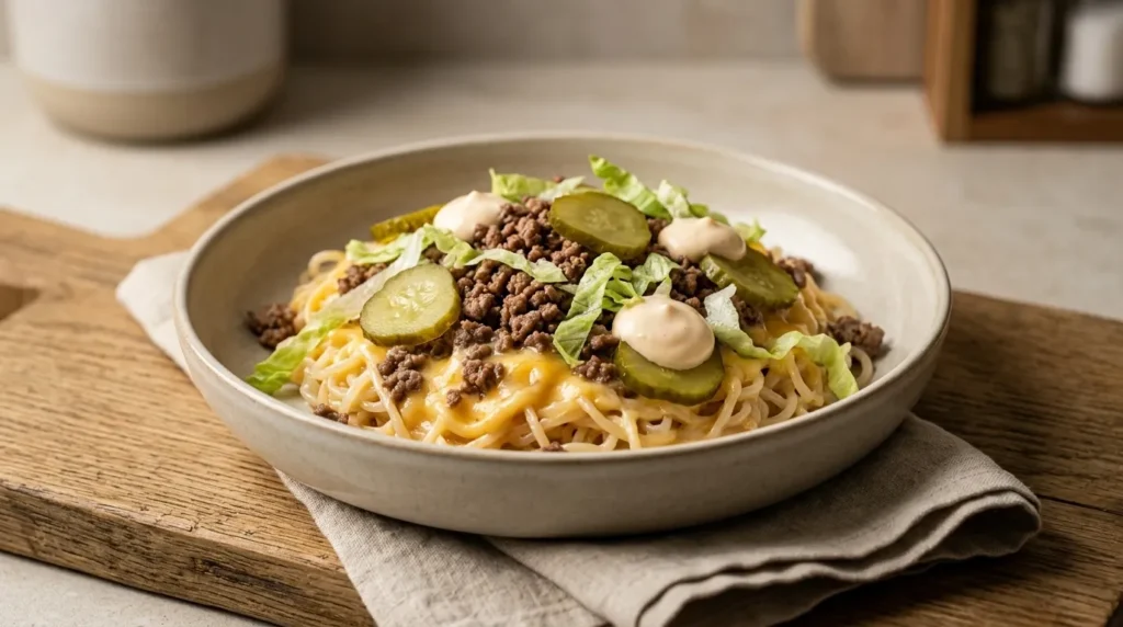 A sizzling Keto Smashburger Mac Skillet served in a seasoned cast iron pan with melted cheese and hamburger toppings.