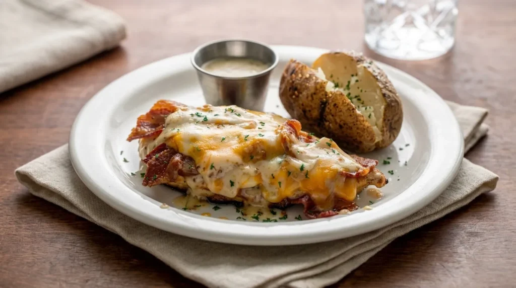 A close-up shot of Alice Springs Chicken topped with melted Monterey Jack and Cheddar cheese, crispy bacon, and sautéed mushrooms.