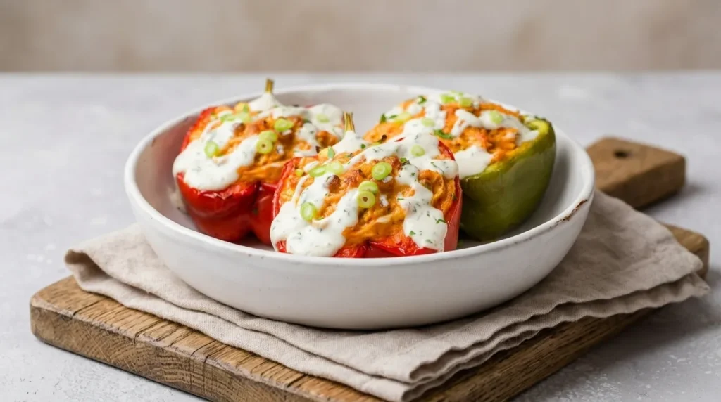 A close-up shot of cheesy buffalo chicken stuffed peppers garnished with fresh green onions and ranch dressing.