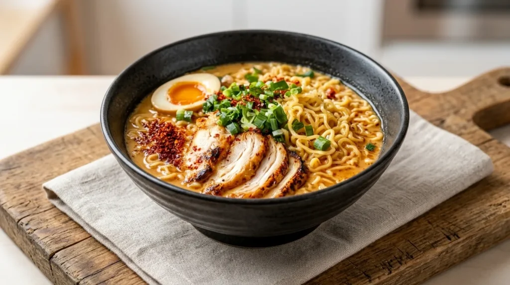 A steaming, flavorful bowl of Creamy Garlic Chicken Ramen: An Incredible Ultimate Recipe topped with sliced chicken, green onions, and a soft-boiled egg.