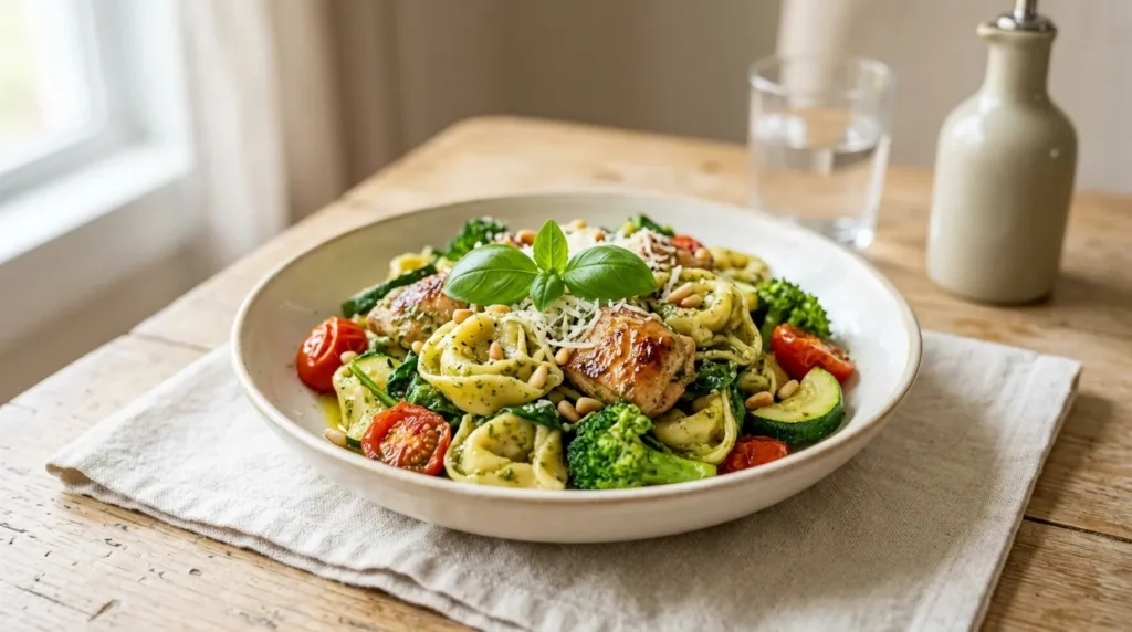 A close-up of a serving bowl filled with creamy Pesto Chicken Tortellini and Veggies garnished with fresh parmesan cheese.