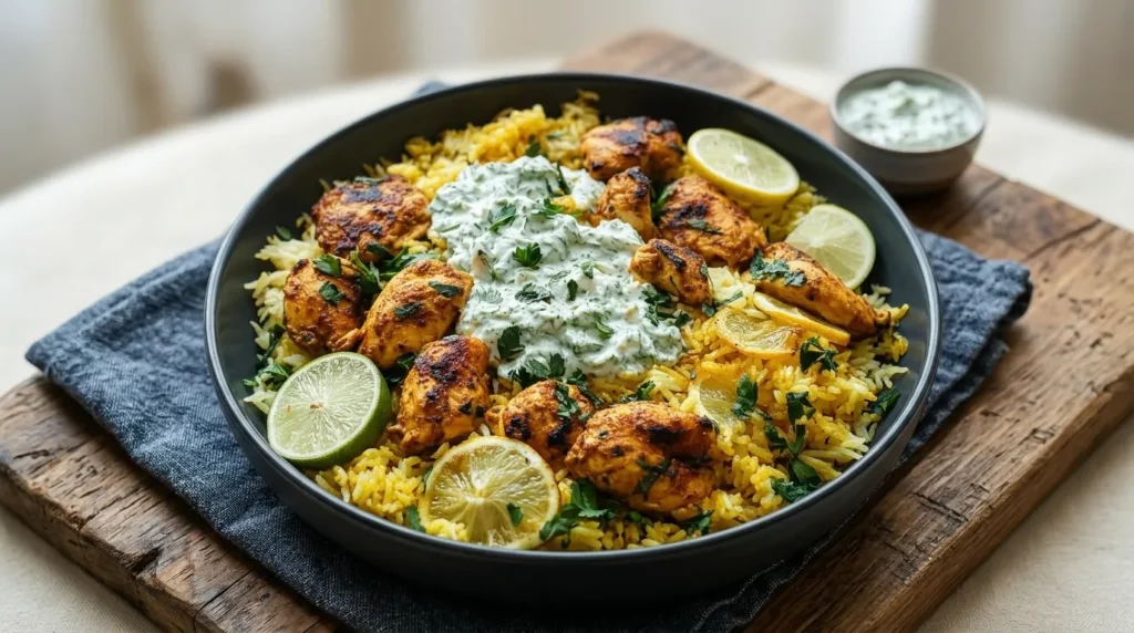 A steaming bowl of Dump And Bake Chicken Tzatziki Rice topped with fresh dill and sliced cucumbers.