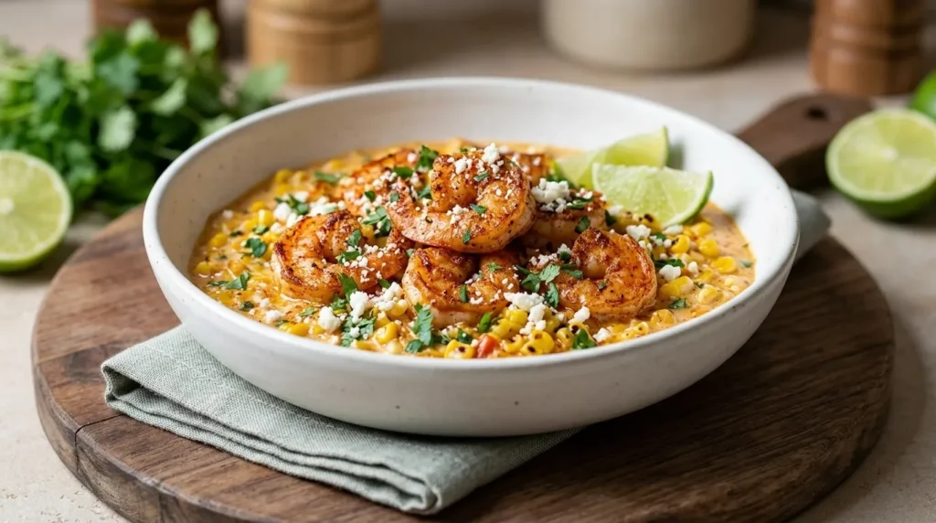 A close-up of a skillet filled with savory Shrimp and Creamed Corn garnished with fresh parsley and black pepper.