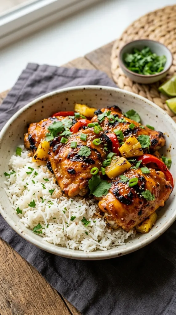 Vertical Pinterest graphic for Hawaiian Chicken with Coconut Rice with a text overlay promoting an easy 30-minute tropical dinner.