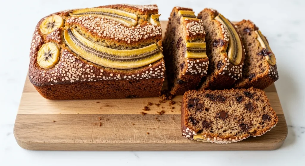 A freshly baked, moist loaf of homemade banana bread sliced on a rustic wooden cutting board.