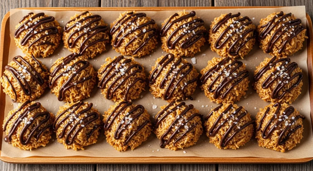 A close-up shot of a platter filled with freshly made No-Bake Samoa Cookies drizzled with dark chocolate.