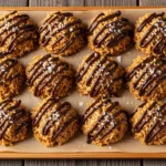A close-up shot of a platter filled with freshly made No-Bake Samoa Cookies drizzled with dark chocolate.