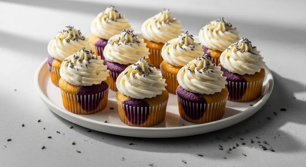 A close-up shot of freshly baked Lavender Honey Cupcakes topped with creamy honey frosting and dried lavender buds.