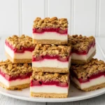A close-up shot of sliced Rhubarb Cheesecake Squares on a white plate with a golden crumble topping.