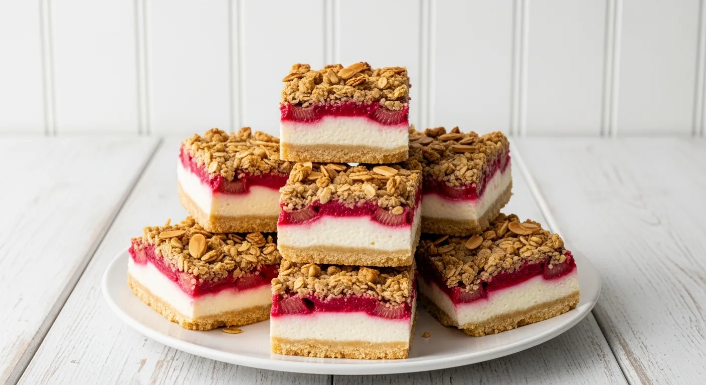 A close-up shot of sliced Rhubarb Cheesecake Squares on a white plate with a golden crumble topping.