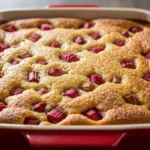 A golden-brown Baked Sticky Rhubarb Pudding served warm in a ceramic dish with a scoop of melting vanilla ice cream on top.