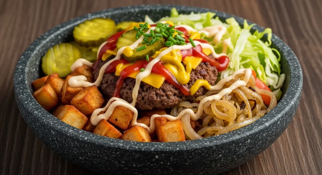 A vibrant and delicious Smash Burger Bowl Perfection topped with melted cheese, pickles, and a signature sauce.