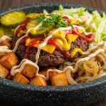 A vibrant and delicious Smash Burger Bowl Perfection topped with melted cheese, pickles, and a signature sauce.
