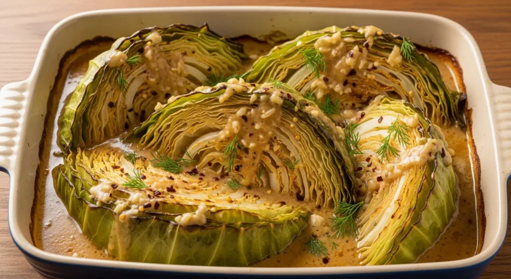 Caramelized Garlic Butter Melting Cabbage wedges served warm in a cast iron skillet.