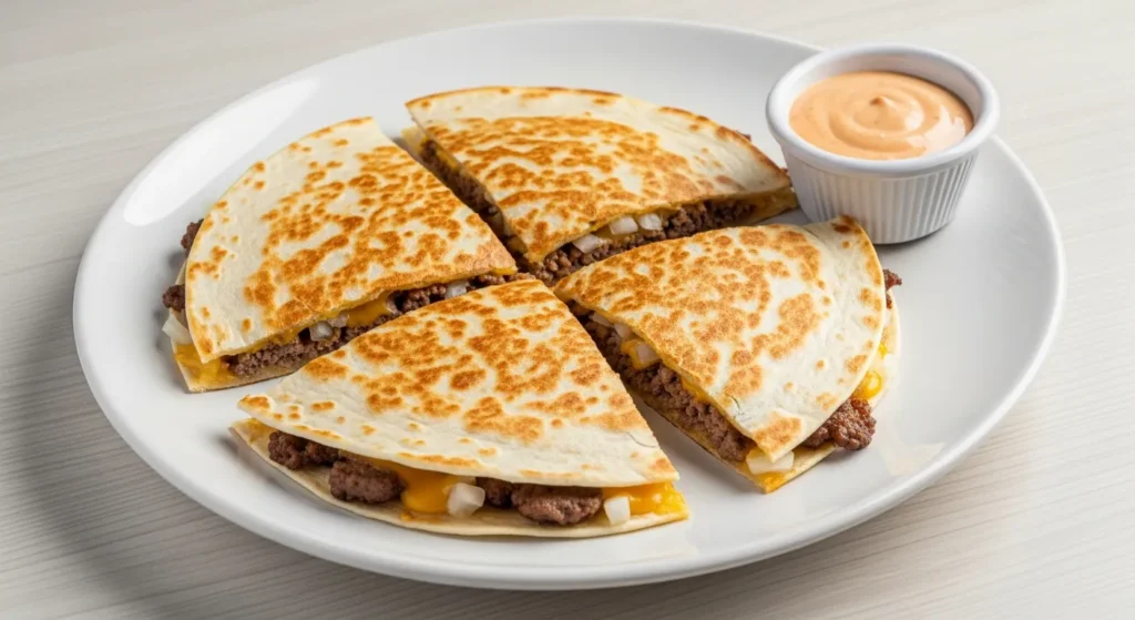 A stack of crispy, golden brown Smash Burger Quesadillas served with a side of dipping sauce.