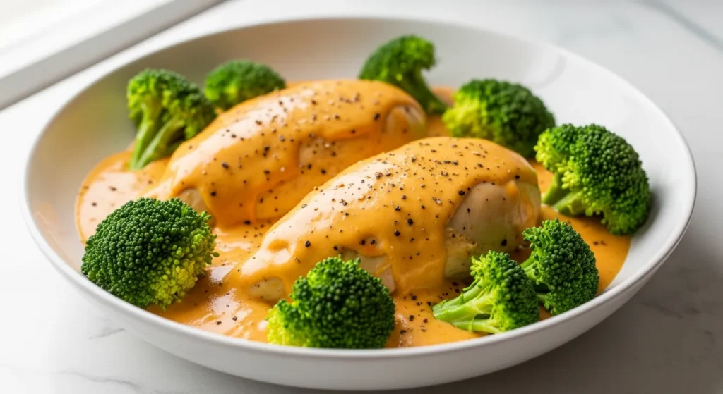 A close-up shot of a bowl of Crockpot Creamy Broccoli Cheddar Chicken served over white rice.