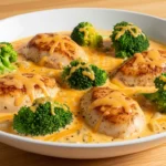 A close-up shot of serving bowls filled with Crockpot Creamy Broccoli Cheddar Chicken over a bed of white rice.