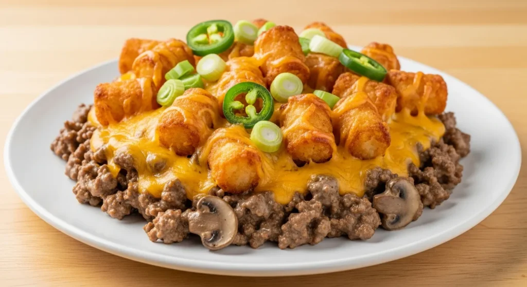 A golden brown Cheesy Ground Beef And Tater Tot Casserole served in a glass baking dish with melted cheese and fresh parsley.