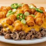 A golden brown Cheesy Ground Beef And Tater Tot Casserole served in a glass baking dish with melted cheese and fresh parsley.